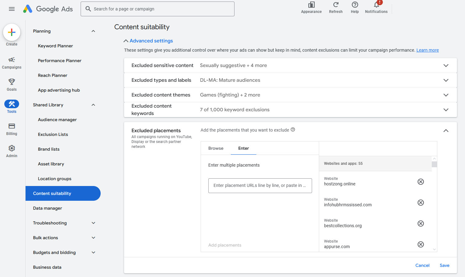 Google Ads Content Suitability Website List
