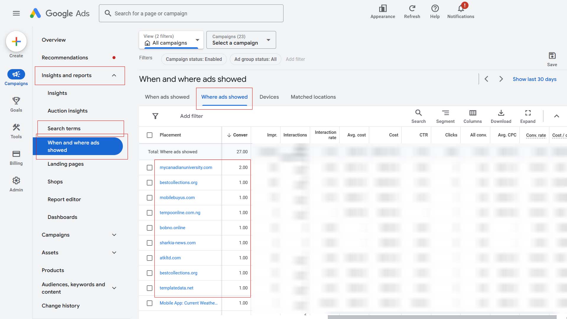 Identifying malicious websites in Google Ads 'where ads showed'