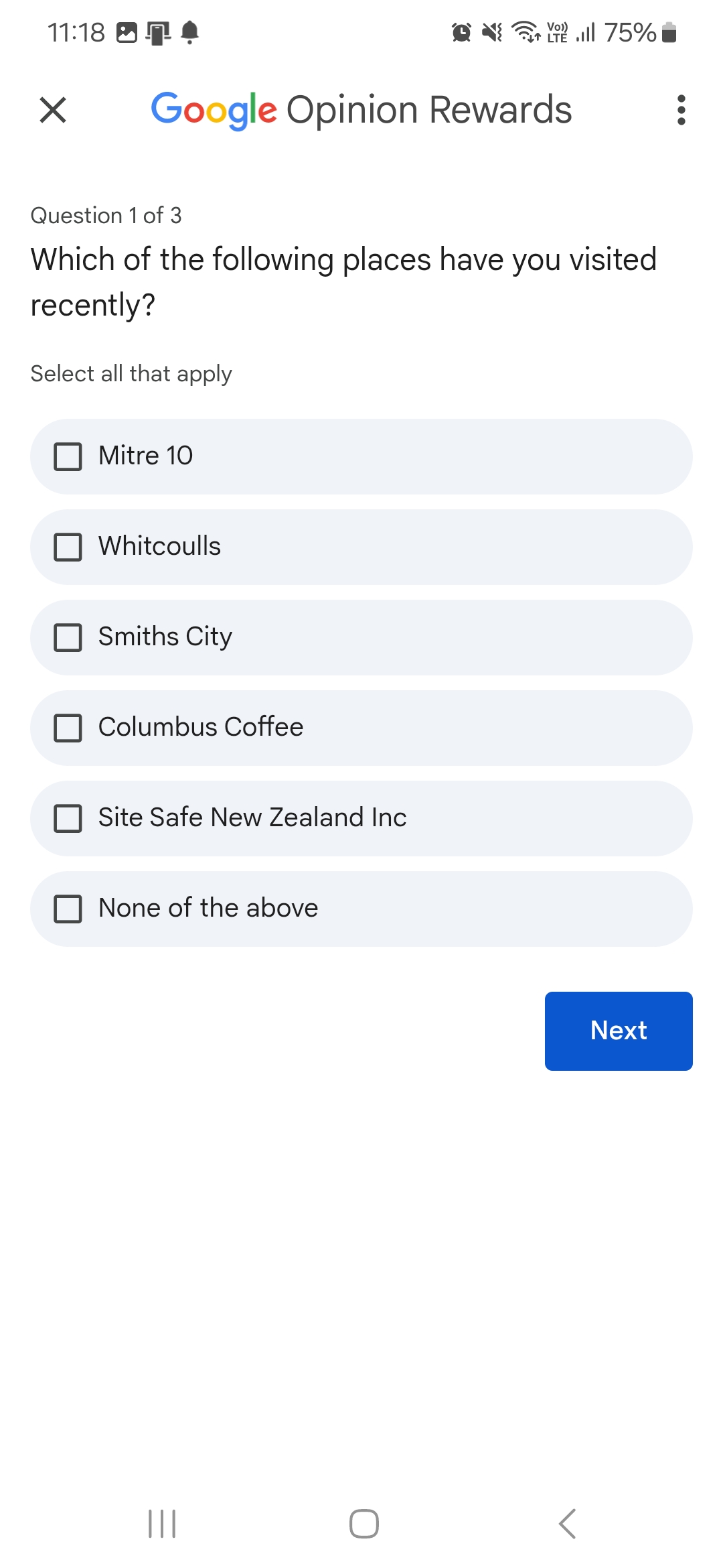 Google Opinion Rewards Location Questions