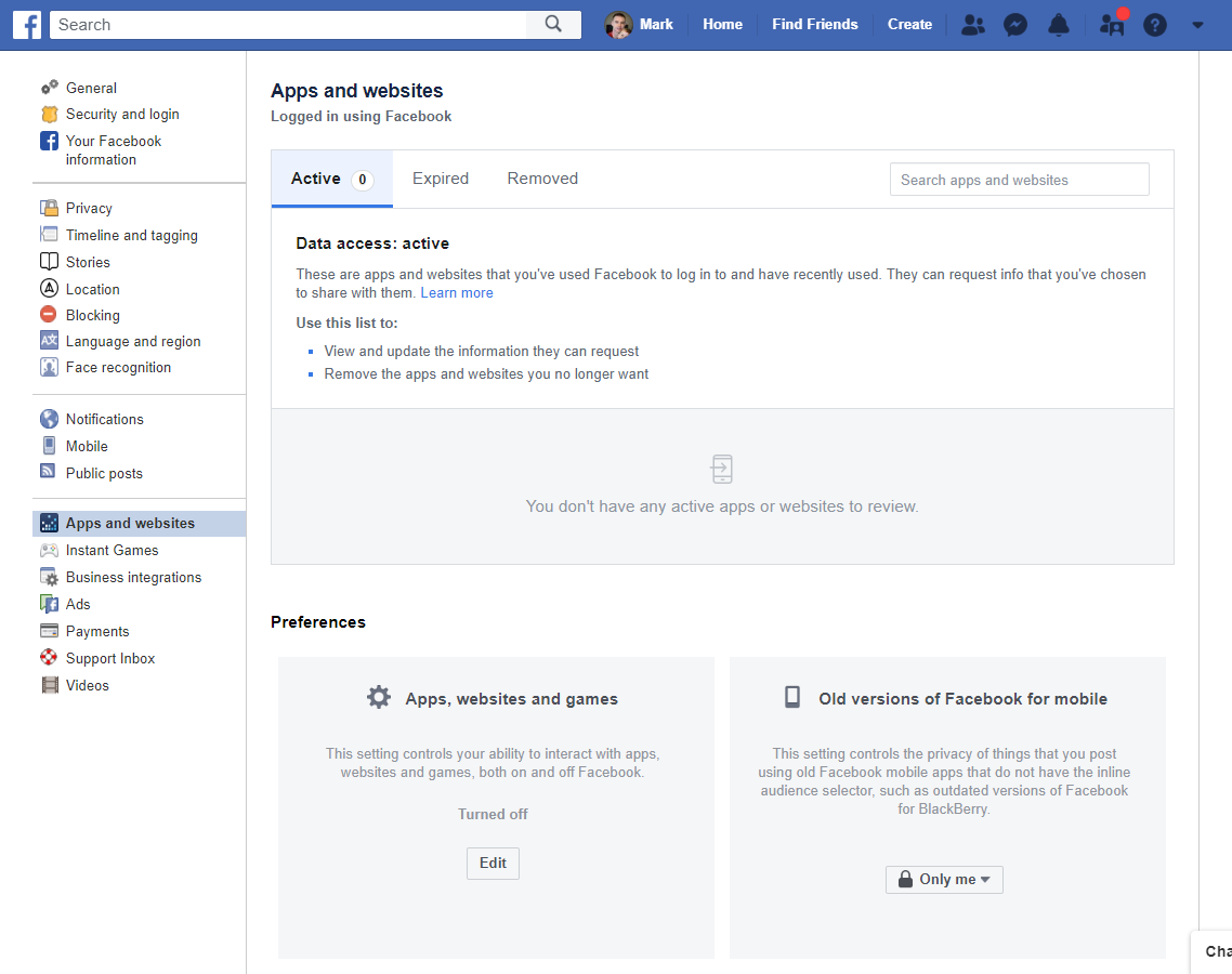 Review third-party apps and websites with Facebook access.