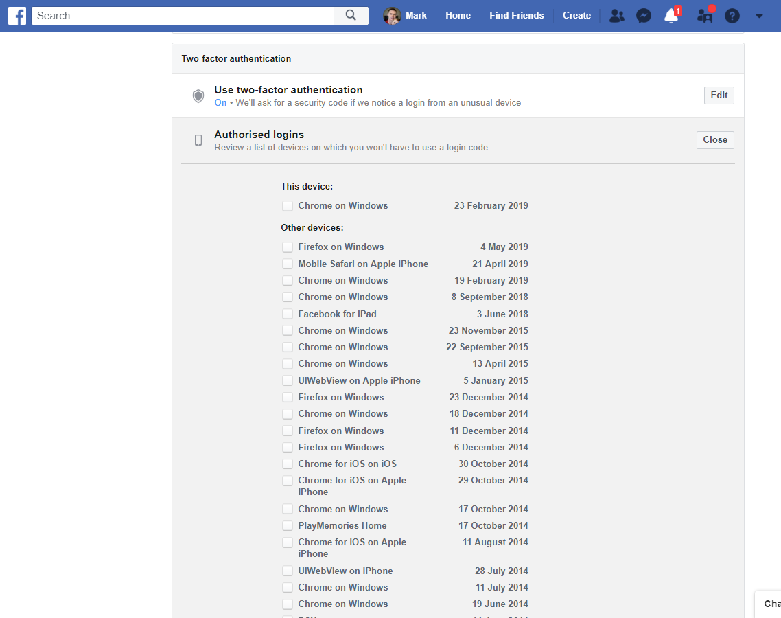 List of your authorised Facebook logins