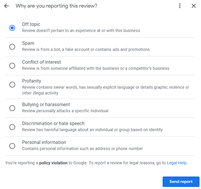 Reporting a review as Off Topic