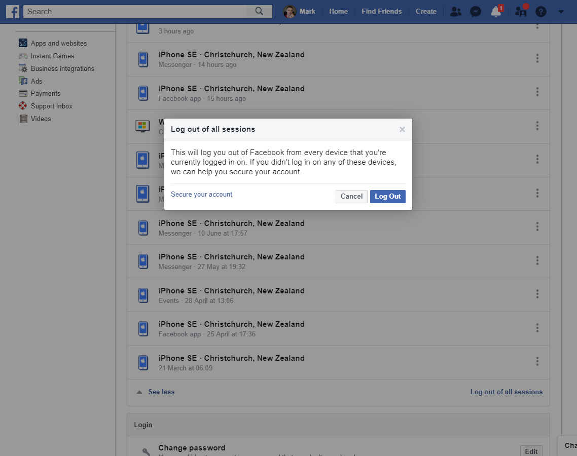 Log out of all Facebook devices at once.